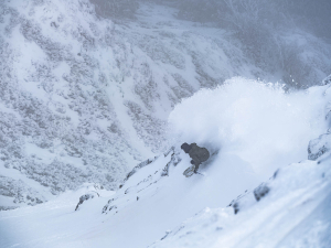 Mitch Reeves, powder line in Buller's chutes, Thursday June 26th. Photo: Tony Harrington