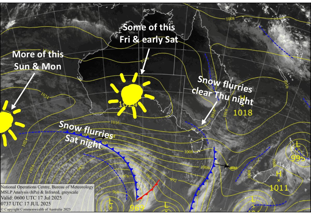 Latest pressure analysis and satellite image. Source: The BOM (vandalised by the Grasshopper)
