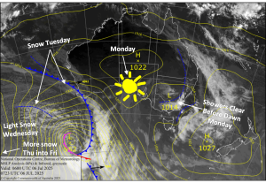 Latest pressure analysis and satellite image. Source: The BOM 