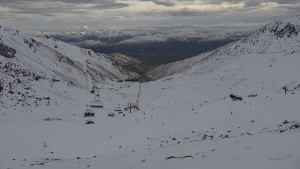 Ominous clouds developing over The Remkarkables this morning. Photo: The Remarkables snow cam