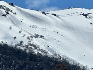 In NSW, be alert to Thursday’s 10-20cm layer of new snow releasing naturally or human triggered on the firmer crust below into loose wet avalanches - particularly on steep sun facing slopes. This example in Twin Valleys ran the entire length of the slope, increasing in width and volume the lower it travelled.
