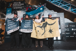Team Australia, L-R: Vaughn Hardwick (men's snowboard),Zanna Farrell (women's ski) Michal;ea Davis-Meehan (womens'snow board) Brionu Johnston )Women's snowboards.Photo:Bernard/FWT