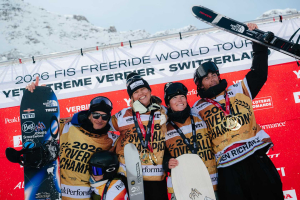 The 2026 Freeride World Tour Champions, left to right: Vicro de Le Rite, 