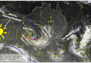 Latest pressure analysis and satellite image. Source: The BOM (vandalised by the Grasshopper)