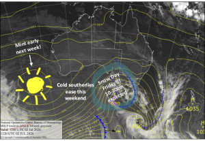 Latest pressure analysis and satellite image. Source: The BOM (vandalised by the Grasshopper)