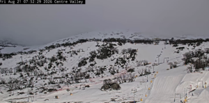 Perisher's Front Valley this morning, Higher elevations handled the rain OK, but the sore cover isnallkresorts took a hit down low.Photo: Periusher sniow cam